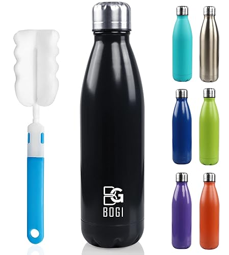 BOGI Insulated Water Bottle  17oz Stainless Steel Water Bottles  Leak Proof Sports Metal Water Bottles Keep Drink Cold for 24 Hours and Hot for 12 Hours BPA Free kids water bottle for School (Black)
